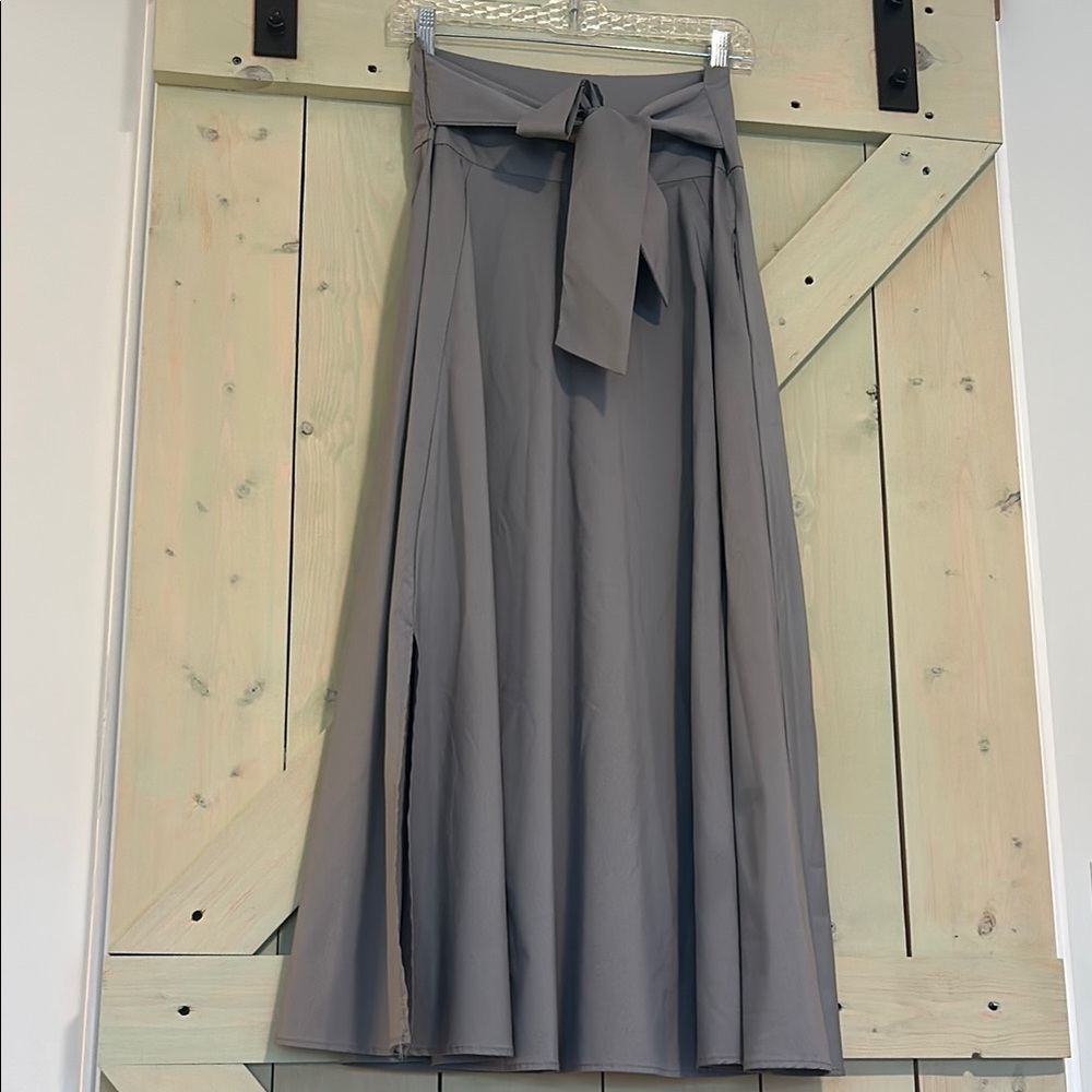 Gray A-Line Maxi Skirt with Tie Front